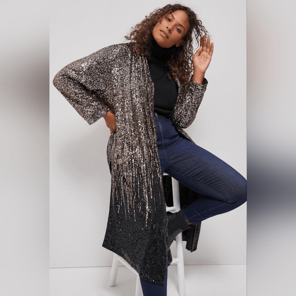 Dulcinea Sequined Duster Jacket in Rose Black Ombre - Picture 5 of 14